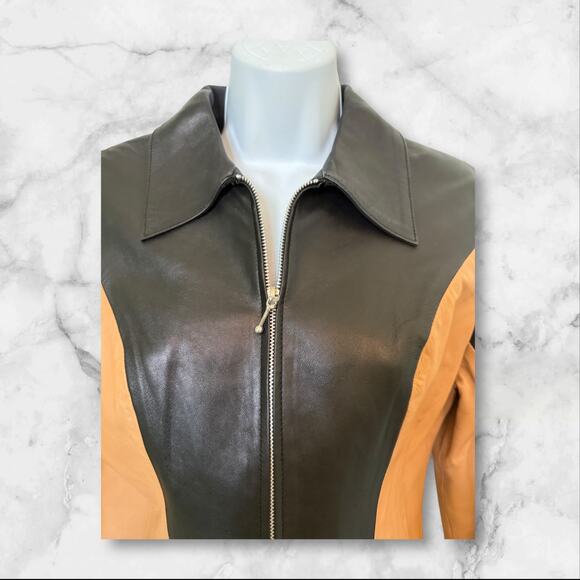 B&J Genuine Leather Two-Tone Black & Tan Zip Front Jacket Women’s Small - Picture 4 of 8
